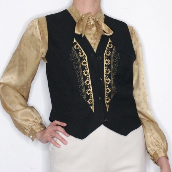 Vintage Jackets & Blazers - Your Sixth Sense by C&A Gold Black Embroidered Vest Unisex Size 38
